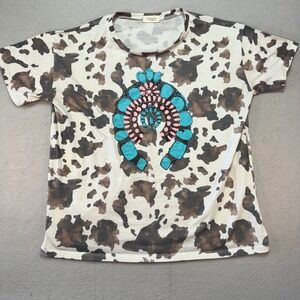Wanderer‎ by Southern Grace Cow Print Graphic Tee – Turquoise & Pink – Women's L